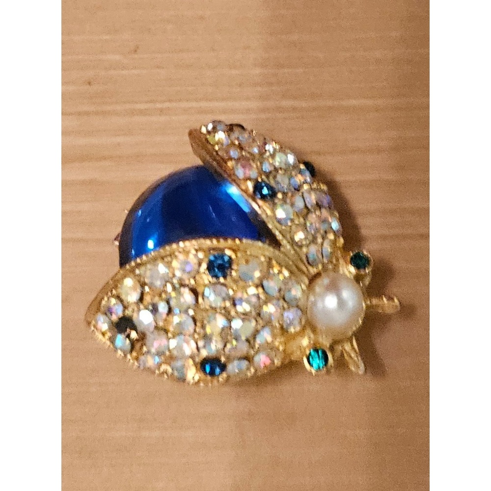 Sparkling Ladybug Brooch Pin Rhinestone Pearl Blue Gemstone Gold Tone - Picture 7 of 16